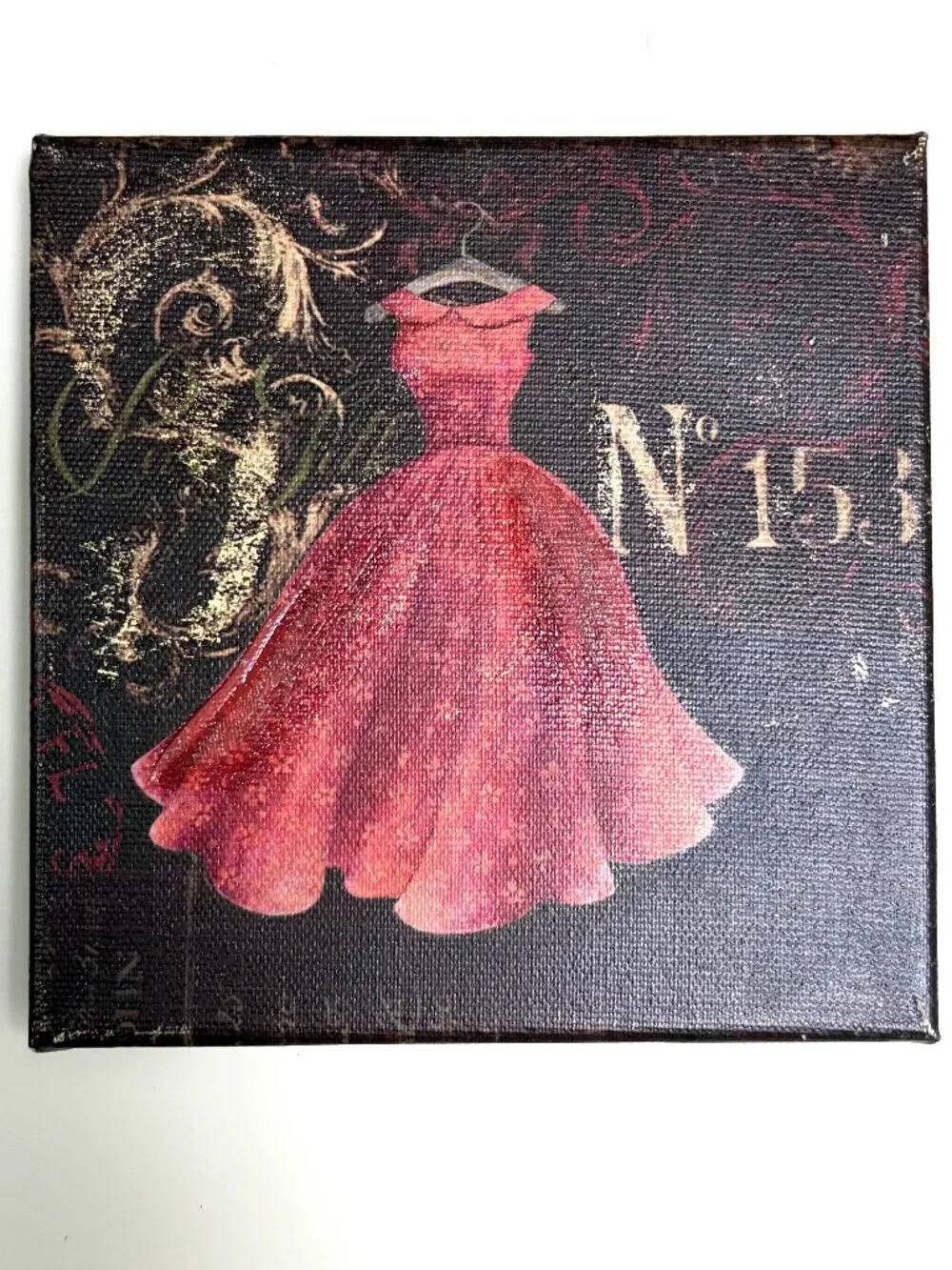 Pink Dress Fashion Canvas Wall Art 14x14 Black Gold Glam Decor